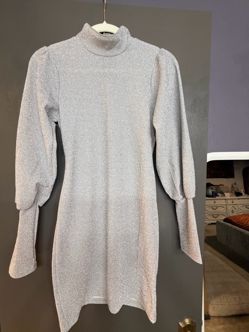 HYFVE Silver Metallic Turtleneck Long Sleeve Mini Dress